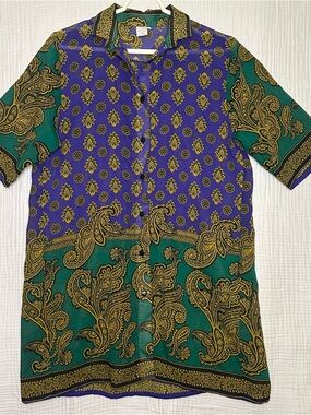 Mens Vintage Button Down SHIRT Rayon Sheer Vibrant Paisley Camp Cuban Sz S-Long